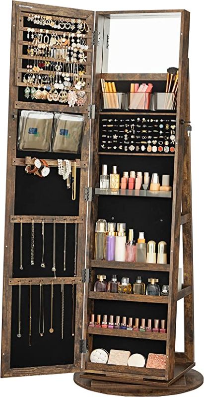 Photo 1 of ACIPENSER 360° Rotating Jewelry Armoire, Lockable Jewelry Cabinet Organizer Standing w/Full Length Mirror, Large Storage Capacity, Built-in Makeup Mirror & 3-Tier Rear Storage Shelves, brown 