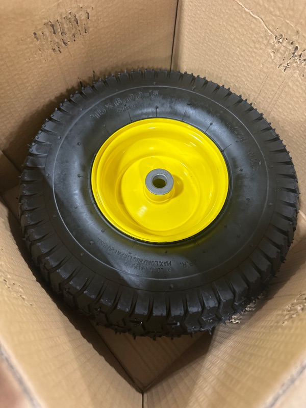 Photo 3 of (2 Pack) AR-PRO Exact Replacement 15" x 6.00 - 6" Front Tire and Wheel Assemblies for John Deere Riding Mowers - Compatible with John Deere 100 and D100 Series - 3” Hub Offset and 3/4” Bushings 15" x 6.00-6" Yellow