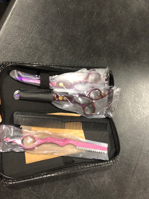 Photo 2 of 6.0 inch Purple Hair Cutting Scissors Set with Razor, Leather Scissors Case, Barber Hair Cutting Shears Hair Thinning/Texturizing Shears for Professional Hairdresser or Home Use Set12