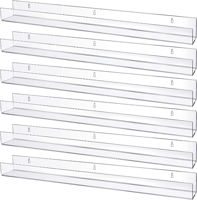 Photo 1 of 6 Pack Kids Acrylic Floating Bookshelf 36 Inch Clear Wall Ledge Shelf Wall Mounted Clear Spice Rack Toy Storage Wall Shelf Drilling Invisible Display Organizer Shelf for Nursery Room Bathroom Dorm 