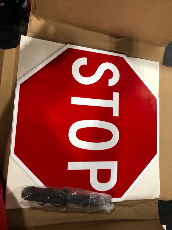 Photo 2 of SmartSign Pack of 1, 18 x 18 inch Handheld “STOP - STOP” Paddle Sign with Handle, Double-Sided, Screen Printed, 120 mil Aluminum Composite, Red and White 18" Non-Reflective