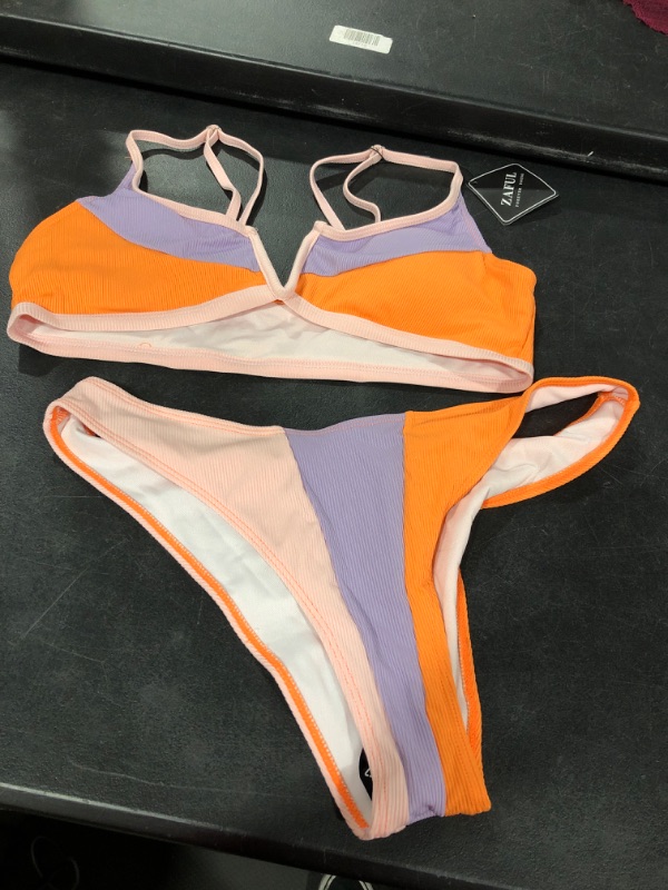 Photo 2 of ZAFUL Women's High Cut Bikini Sets Ribbed V-Wire Cami Bikini Two Piece Swimsuit 2-multi Large