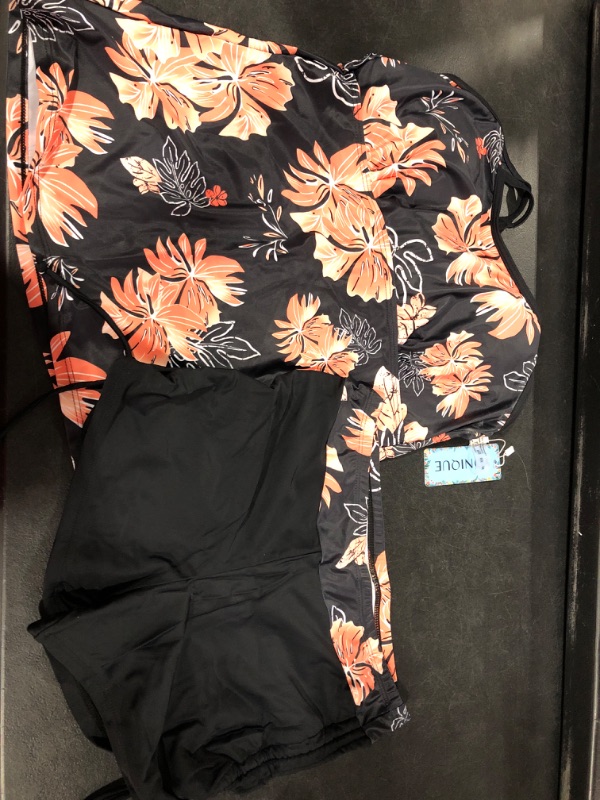 Photo 2 of Yonique Womens Tankini Swimsuits Athletic Two Piece Tummy Control Bathing Suits with Shorts Modest Tank Tops Black & Orange Floral Medium