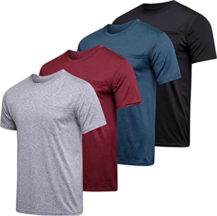 Photo 1 of 4-Pack: Mens Dry-Fit Moisture Wicking Active Athletic Performance Short Sleeve Crew T-Shirts with Pocket
