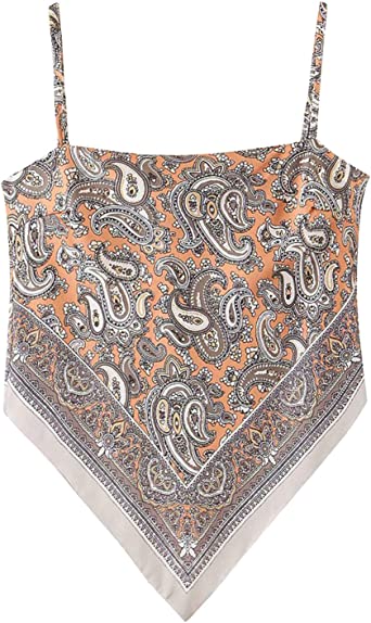 Photo 1 of Arjungo Women's Paisley Print Tie Back French Knot Hanky Hem Spaghetti Straps Handkerchief Cami Bandana Tube Crop Top 
