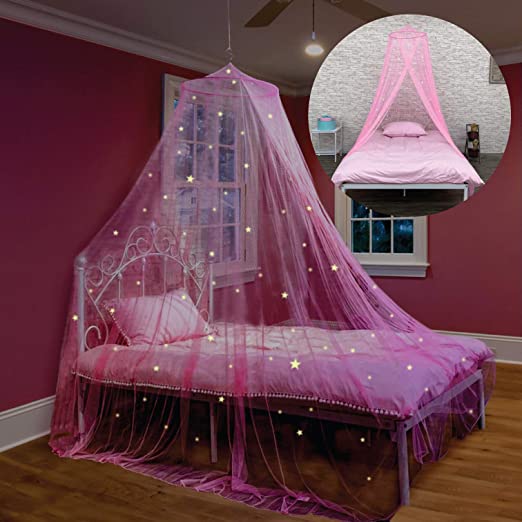 Photo 1 of Bed Canopy for Girls with Glowing Stars - Princess Pink Baby Canopy For Bed, Netting Room Decor, Ceiling Tent, Canopy for Crib | Single, Twin, Full, Queen Size Kids Bed Curtains, Fire Retardant Fabric