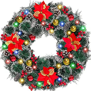 Photo 1 of [Timer & Super Large Thick] 26 Inch Prelit Frosted Christmas Wreath Decoration with 80 Colorful Lights 8 Balls 4 Poinsettia 200 Tips 50 Berry 10 Pinecon Battery Operate Xmas Decor Front Door Outdoor https://a.co/d/67pFCRt