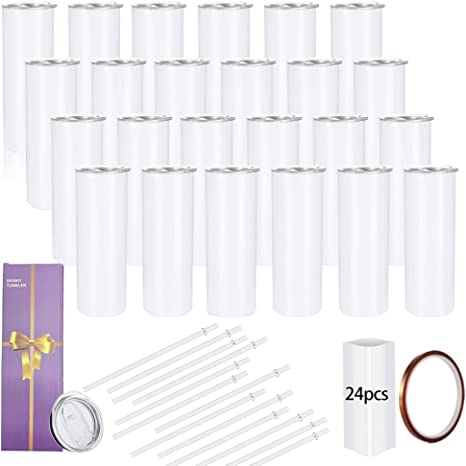 Photo 1 of 24 Pack Sublimation Tumblers Straight Skinny Blanks 20oz for Heat Transfer, Individual Gift Boxed, Double Wall Insulated Tumbler with Shrink Wrap Films & Heat Tape & Straws, White