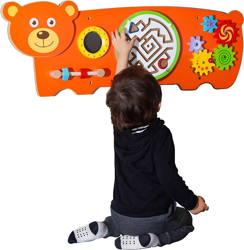 Photo 1 of D DAKIN Toddler Learning Activity Center - Wooden Bear Busy Board Field with Fun Learning Activities Kids Will Love to Play - Wall Mount Sensory Learning Toy for Toddler Playroom & Children's Daycare
