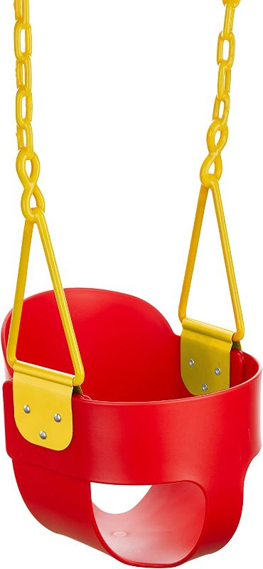 Photo 1 of Deluxe High Back Full Bucket Toddler Swing with Exclusive Chain & Triangle Dip Pinch Protection and Carabiners for Easy Install - Red - Squirrel Products
