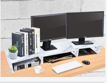 Photo 1 of TEMI Dual Monitor Stand Riser with Adjustable Length and Angle - 3 Shelf Desktop Storage Organizer - White Marble