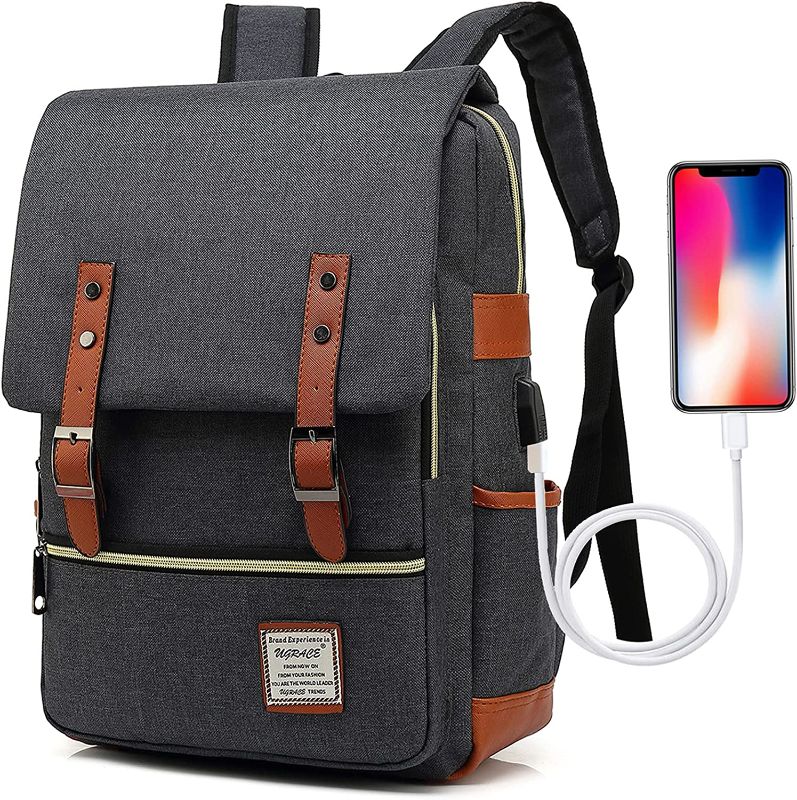 Photo 1 of UGRACE Vintage Laptop Backpack with USB Charging Port - Fits up to 15.6Inch Laptop - Black