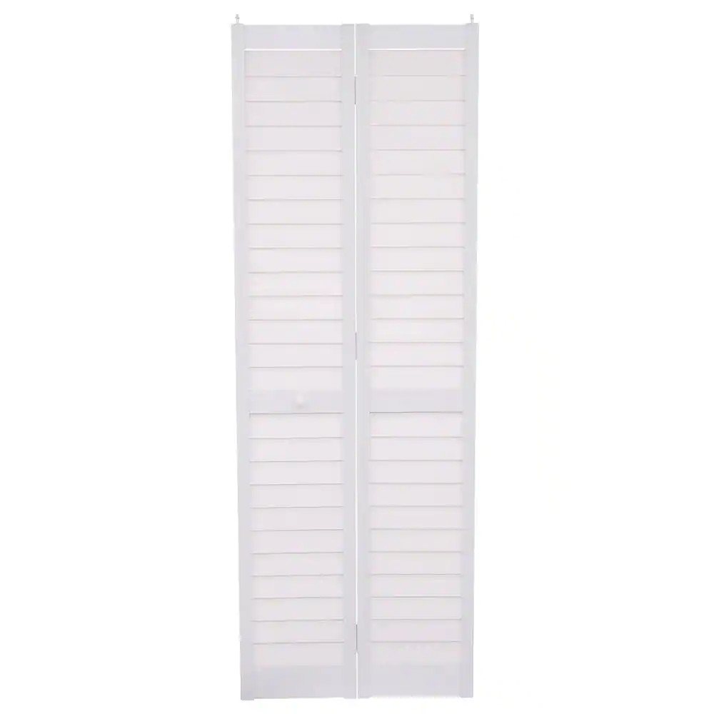 Photo 1 of 28 in. x 80 in. 3 in. Louver/Louver White PVC Composite Interior Bi-Fold Door
