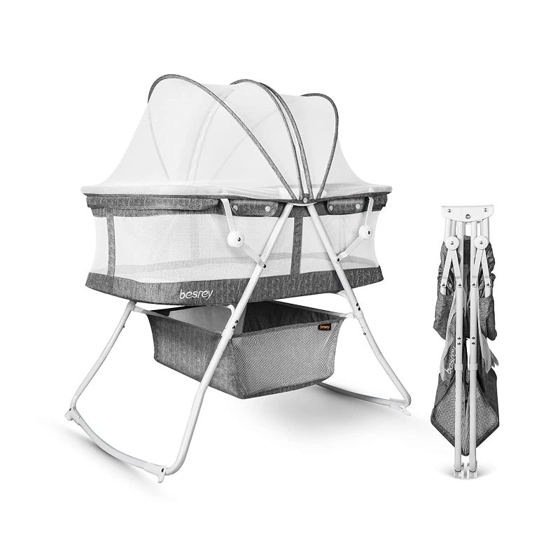 Photo 1 of Bassinet for Baby, 3 in 1 Portable Baby Bassinets, Rocking Cradle Bed, Easy Folding Bedside Sleeper Crib, Quick-Fold for Newborn Infant, up to 33 lb Compact Storage