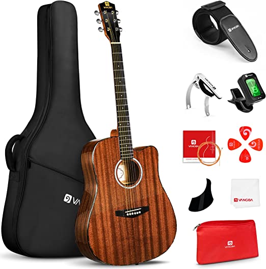 Photo 1 of Acoustic Guitar, Cutaway Acoustic Guitar Dreadnought Full Size 41 Inch Acustica Guitarra Bundle with Gig Bag for Beginners Adults Teens Professionals, Glossy Sapele, by Vangoa
