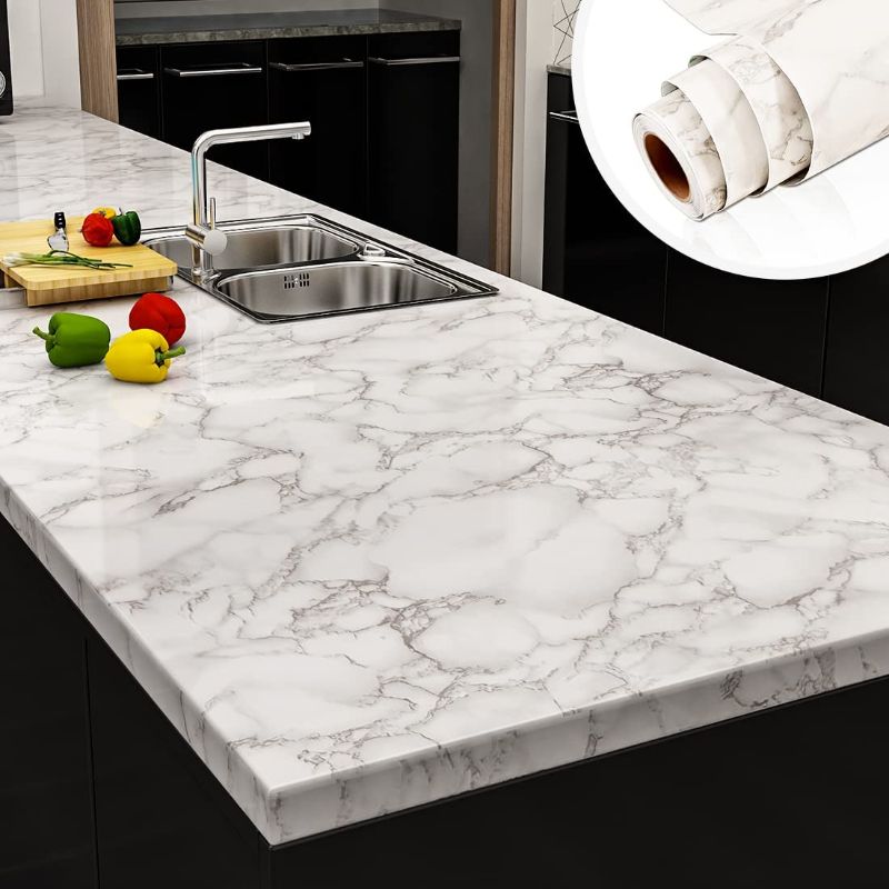 Photo 1 of  Peel and Stick Countertops 24" x 118" White Gray Marble Counter Top Covers Peel and Stick Wallpaper for Kitchen Backsplash Peel and Stick Self Adhesive Removable Wallpaper