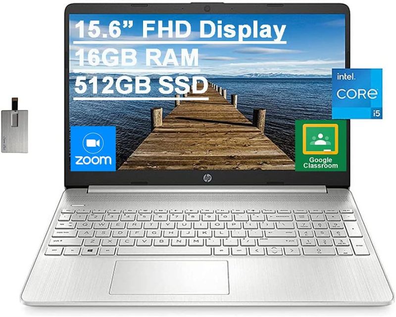 Photo 1 of 2022 HP 15.6" FHD Laptop Computer, 11th Gen Intel Core i7, 16GB RAM, 512GB PCIe SSD HDMI, Bluetooth, Win11, Silver, 32GB USB Card
