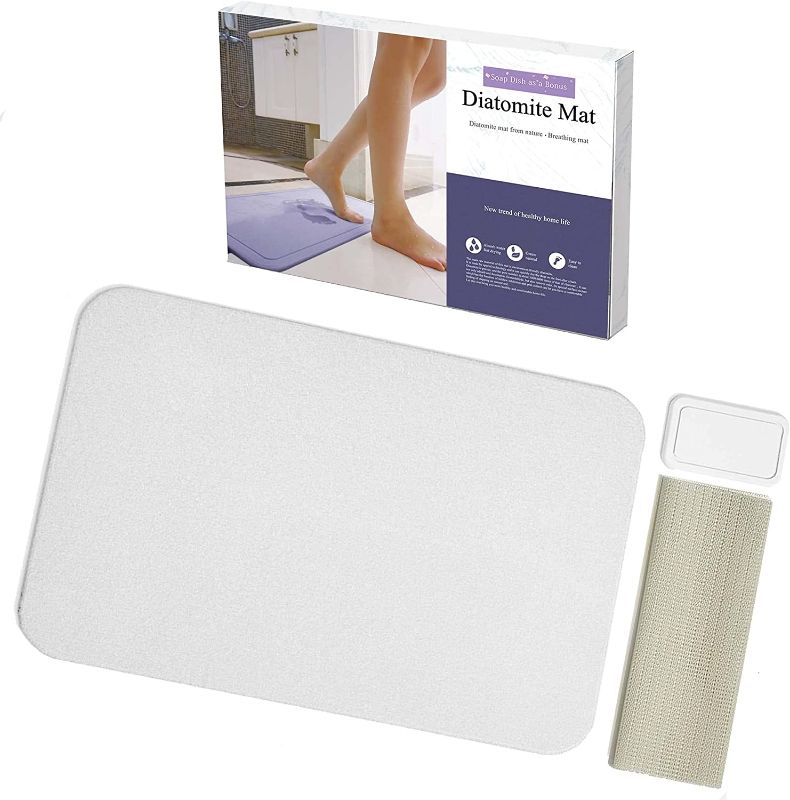 Photo 1 of DURABLEZ Japanese Style 23.6'' x 15.3'' Fast Water Absorbing Diatomite Stone Bath Mat with Anti-Slip Pad and Soap Dish, Off-White