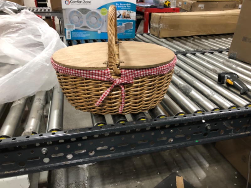 Photo 2 of  Picnic Basket with Lid - Wicker Picnic Basket for 2, (Red & White Gingham Pattern)