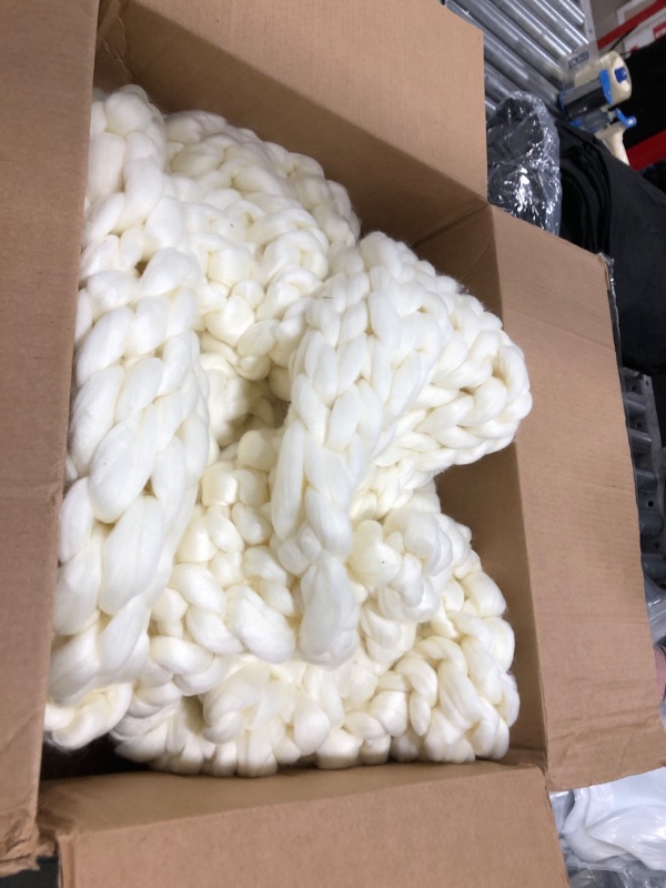 Photo 2 of Adyrescia Chunky Knit Blanket Throw | 100% Hand Knit with Jumbo Chenille Yarn (50"x60", Cream White)
