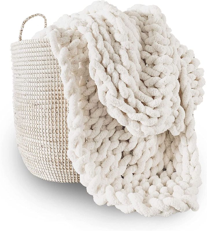 Photo 1 of Adyrescia Chunky Knit Blanket Throw | 100% Hand Knit with Jumbo Chenille Yarn (50"x60", Cream White)
