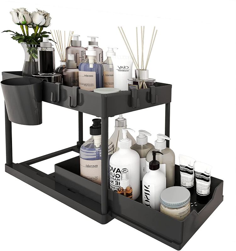 Photo 1 of 2-Tier Under Sink Organizer, Sliding Under Bathroom Cabinet Storage Drawer Organizer with Hooks, Hanging Cup, Multi-purpose Under Sink Shelf Organizer, Black
