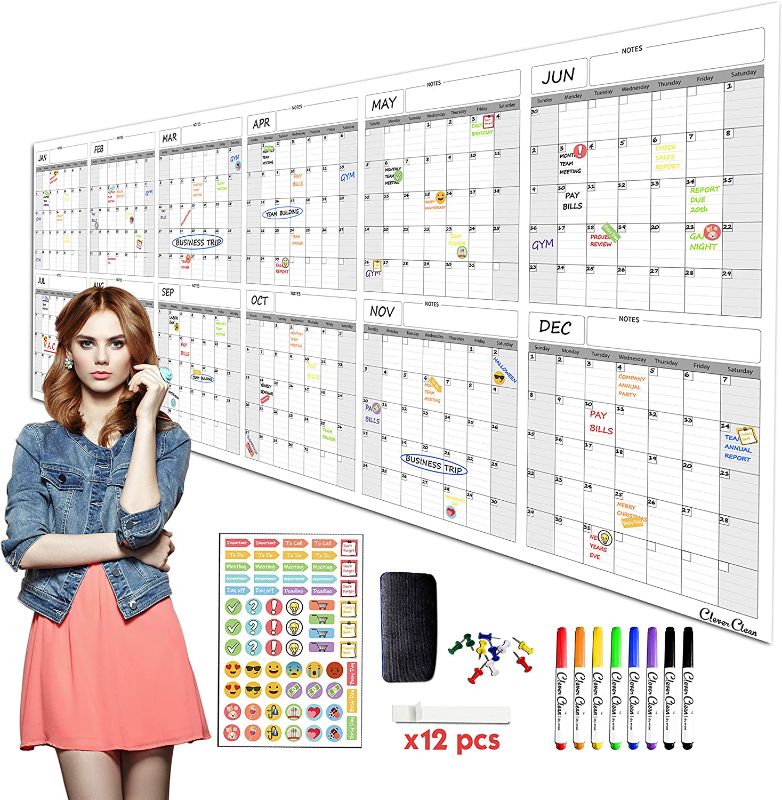 Photo 1 of Large Reusable Dry Erase Wall Calendar - 36"x96" 2023 Undated Yearly Planner for Home, Office, School Projects - Jumbo Laminated Task Organizer
