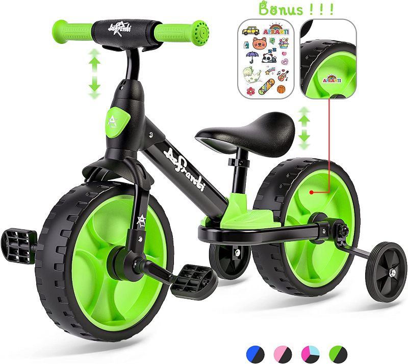 Photo 1 of Afranti 4 in 1 Toddler Balance Bike with Training Wheels for Kids 18 Months-5 Years Old Boys Girls Infant Kids Baby Riding Tricycle Trike with Removable Pedals for Indoor Outdoor
