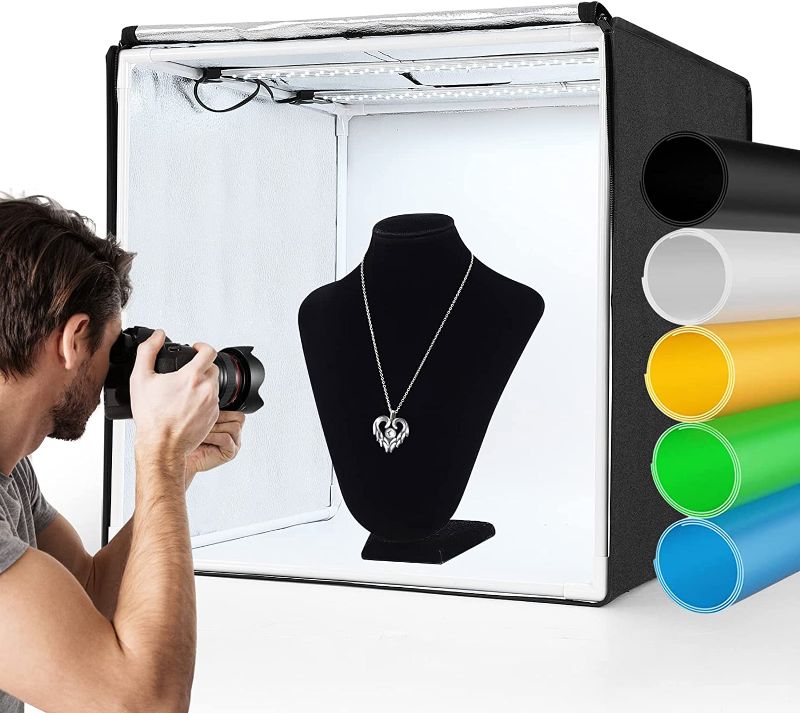 Photo 1 of ZKEEZM Light Box Photography 20"x20" with 100 LED Lights and 5 Colors Backdrops Photo Box with Lights Foldable Light Box with Adjustable 6000-6500K Brightness, Dimmable Picture Box Shooting 20'' with 6000-6500K