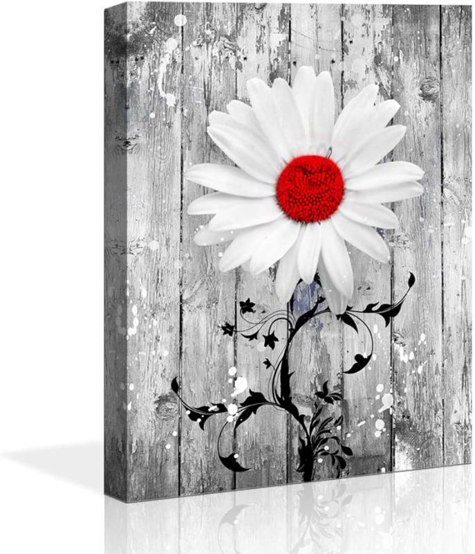 Photo 1 of youkiswallart Bathroom Wall Decor red Gray Daisy Flowers Art Contemporary 16x24 Modern Floral Canvas Artwork Daisy Flower Vase Picture Giclee Print on Canvas Picture Paintings Wall Decor for Bathroom