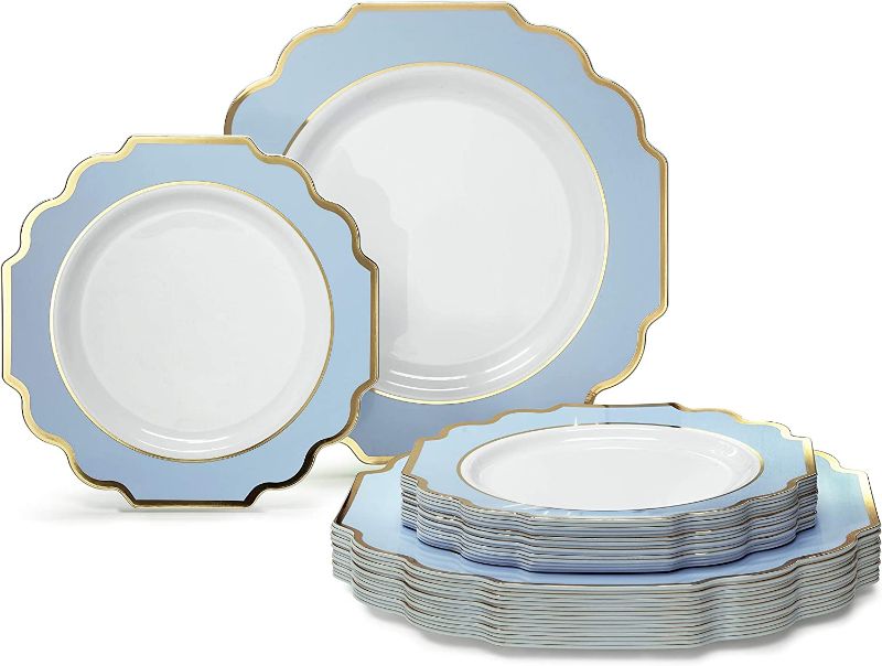 Photo 1 of " OCCASIONS " 120 Plates Pack,(60 Guests) Heavyweight Wedding Party Disposable Plastic Plates Set -60 x 10.5'' Dinner + 60 x 8'' Salad/Dessert Plate (Imperial in Blue/Gold)
