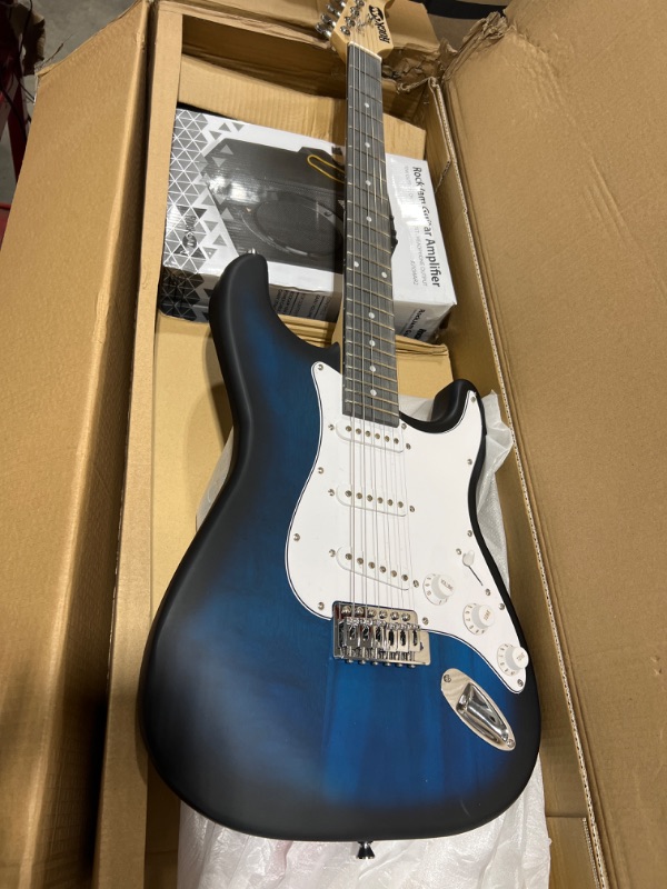 Photo 1 of RockJam Electric Guitar Superkit with 10-watt Amp, Gig Bag, Picks & Online Lessons 6 String Pack, Right, BlueBurst, Full (RJEG03-SK-BB)