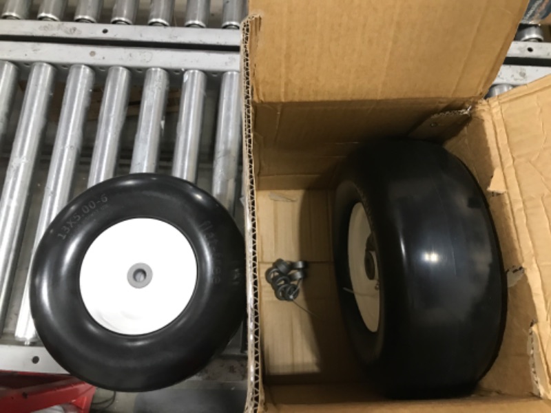 Photo 1 of 2 PCS Upgrade 13x5.00-6" Flat Free Lawn Mower Smooth Tire, Commercial Grade Lawn and Garden Mower Turf Replacement Solid Tire and Wheel with Steel Rim, 3/4" Grease Bushing and 3.25"-5.9" Centered Hub