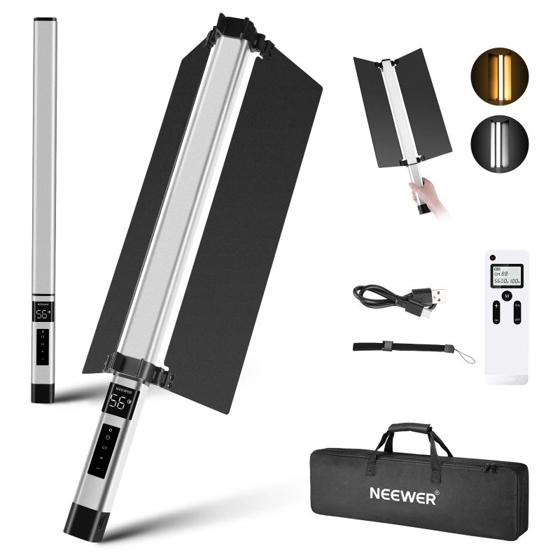 Photo 1 of NEEWER CL124 Handheld LED Video Light Stick with Metal Barndoor, Portable Dimmable Bi-Color 3200K~5600K 1500Lux CRI 97+ 2.4GHz Remote Control/Built-in 2500mAh Battery/LCD Display Photography Light Kit