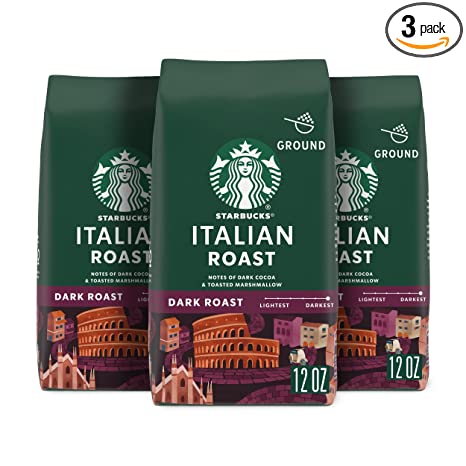 Photo 1 of Starbucks Ground Coffee, Italian Roast, Dark Roast Coffee, Notes of Dark Cocoa & Toasted Marshmallow, Ground 100% Arabica Coffee, 12-Ounce Bag (Pack of 3) best by april 22 2023 