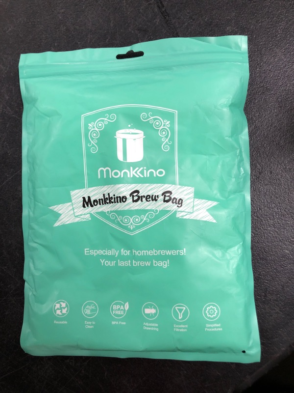 Photo 2 of 2 Pack Brew Bags, Monkkino Brew In A Bag, Reusable Wine Straining Bag for Homebrewing, 250-Micron Fine Mesh Bag, Durable Filter Bag for Beer, Nut Milk, Cold Brew, Small 16"×18" Polyester Strainer Bag