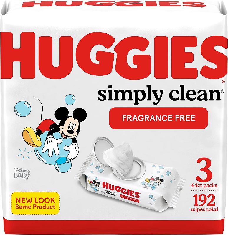 Photo 1 of Baby Wipes, Unscented, Huggies Simply Clean Fragrance-Free Baby Diaper Wipes, 3 Flip-Top Packs (192 Wipes Total)