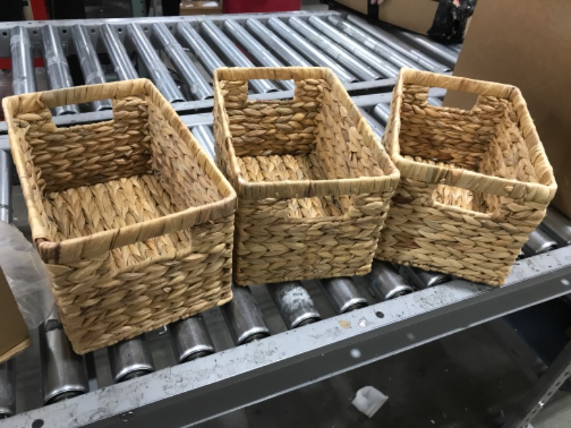 Photo 2 of 3 Pack Water Hyacinth Storage Baskets with Handles 13 x 8 ¼ x 7 inches Woven Natural Storage Bins Rectangular Wicker Cube for Organizing Closet, Laundry, Home Office, Nursery, Kitchen, Bathroom