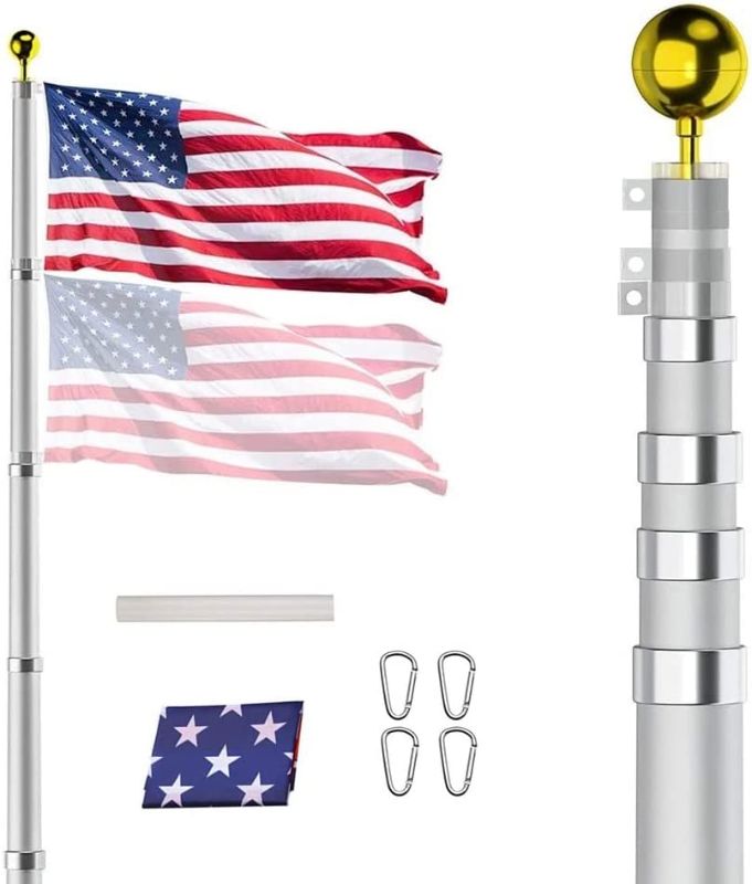 Photo 1 of 16FT Telescopic Flag Pole Kit, Heavy Duty 16 Gauge Aluminum Outdoor In Ground Flag Poles with 3x5 USA Flag, for Residential or Commercial,Garden,Yard Flag Poles