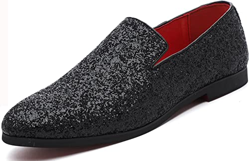 Photo 1 of  Mens Smoking Sparkling Slipper Metallic Sequins Textured Glitter Tuxedo Slip-on Prom Loafers Luxury Wedding Dress Shoes  12