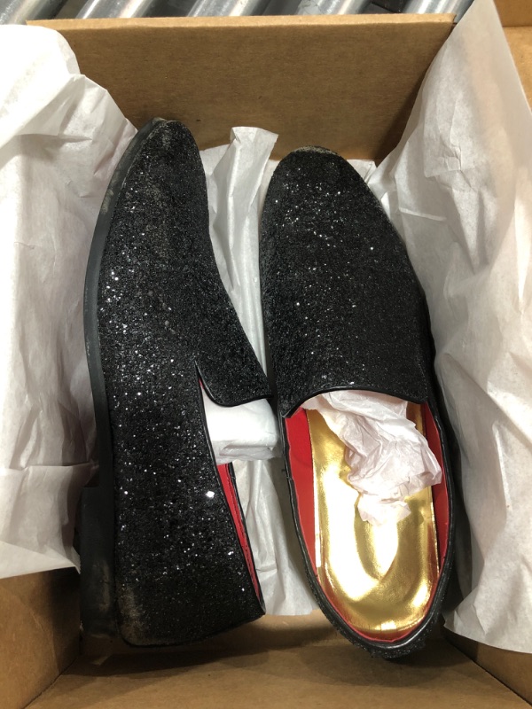 Photo 2 of  Mens Smoking Sparkling Slipper Metallic Sequins Textured Glitter Tuxedo Slip-on Prom Loafers Luxury Wedding Dress Shoes  12