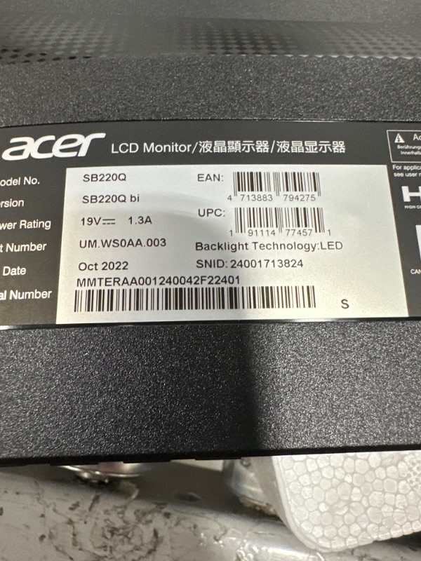 Photo 4 of Acer 21.5 Inch Full HD (1920 x 1080) IPS Ultra-Thin Zero Frame Computer Monitor (HDMI & VGA Port), SB220Q bi