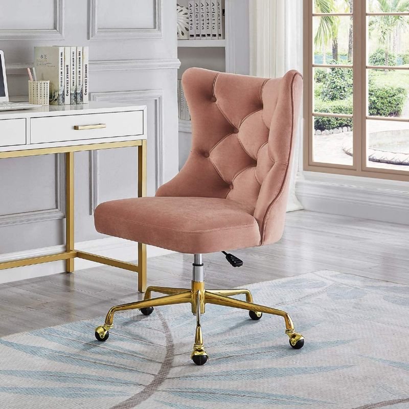 Photo 1 of 24KF Velvet Upholstered Tufted Button Home Office Chair with Golden Metal Base,Adjustable Desk Chair Swivel Office Chair - 7081-Blush 