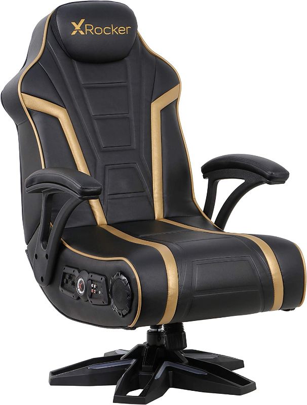 Photo 1 of *** USED *** X Rocker Trident Pedestal Video Gaming Chair 4.1, Wireless Audio, Backrest Mounted Subwoofer, Padded Armrest, 5152301, 30.9" x 41.7" x 26.2", Black and Gold
