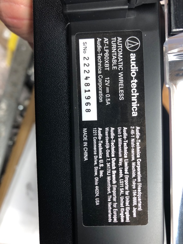 Photo 4 of Audio-Technica AT-LP60XBT-BK Fully Automatic Bluetooth Belt-Drive Stereo Turntable, Black, Hi-Fi, 2 Speed, Dust Cover, Anti-Resonance, Die-cast Aluminum Platter Black Wireless Turntable
**return item, unable to test, no power cords,** box damaged from shi