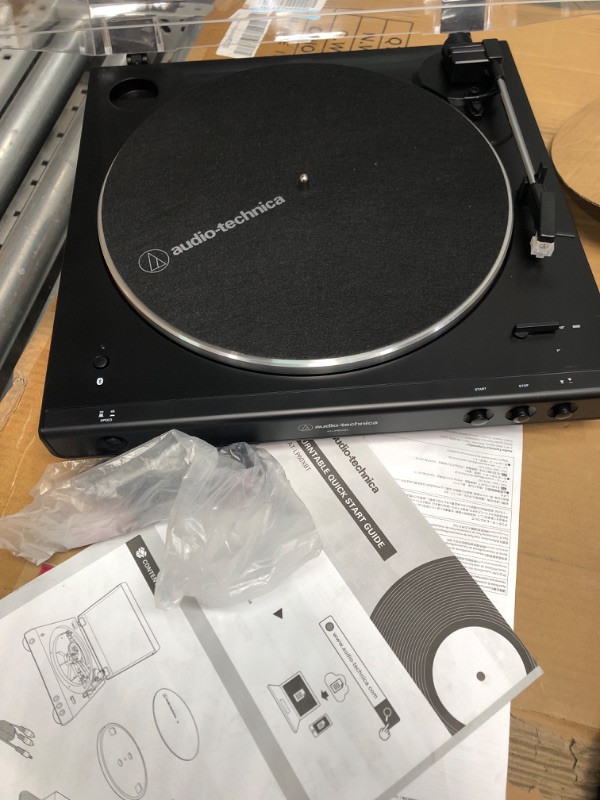 Photo 2 of Audio-Technica AT-LP60XBT-BK Fully Automatic Bluetooth Belt-Drive Stereo Turntable, Black, Hi-Fi, 2 Speed, Dust Cover, Anti-Resonance, Die-cast Aluminum Platter Black Wireless Turntable
**return item, unable to test, no power cords,** box damaged from shi