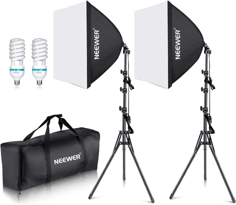 Photo 1 of NEEWER 700W Equivalent Softbox Lighting Kit, 2Pack 5500K CFL Lighting Bulbs, 24x24 inches Softboxes with E26 Socket, Photography Continuous Lighting Kit Photo Studio Equipment