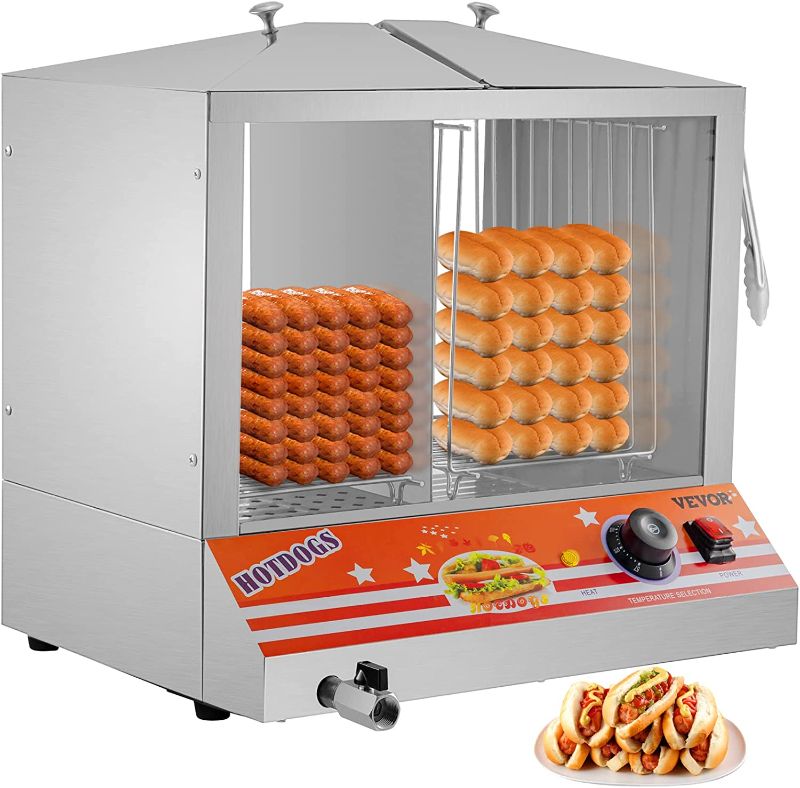 Photo 1 of VEVOR Hot Dog Steamer, 36L/32.69Qt, Top Load Hut Steamer for 100 Hot Dogs & 48 Buns, Electric Bun Warmer Cooker with Acrylic Windows Partition Plate Shelves Food Clip PTFE Tape, Stainless Steel
