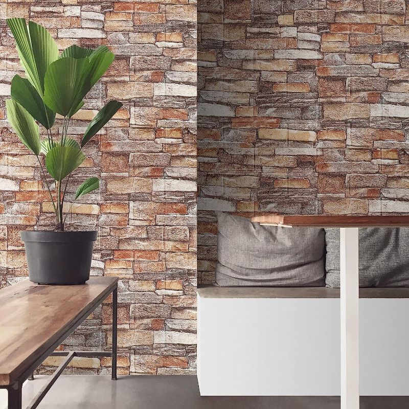 Photo 1 of 10Pack 3D Wall Panels Peel and Stick Foam 58 Sq.Ft Brick Wallpaper, Faux Stone Wall Panel Self-Adhesive Wallpaper, Light Brown