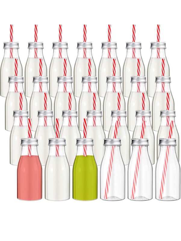 Photo 1 of 40 Sets Plastic Small Milk Bottles with Straws and Silver Metal Lids Clear Plastic Bottle for Dairy Milk Party Bottle for Milk Juices Shakes Smoothies Cocktails, 40 Bottles and 40 Straws (8 oz)